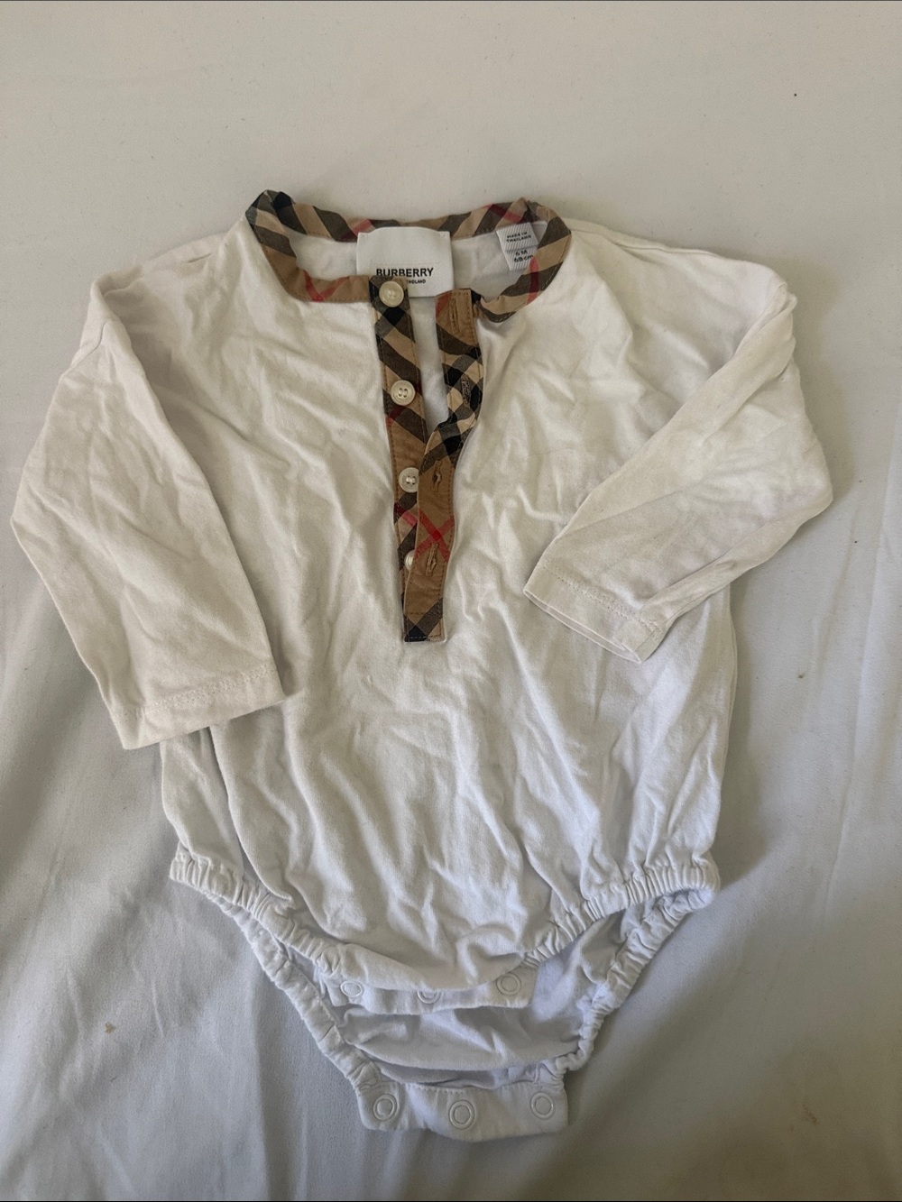 Burberry White Baby Long Sleeve Bodysuit with Signature Check Trim